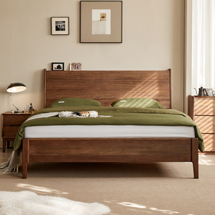 黑胡桃木全实木床1.8米双人床，主卧北欧原木简约现代1.5米钢琴大床