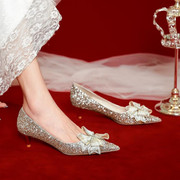 银色水晶高跟鞋女2023低跟伴娘礼服宴会主持金色新娘婚纱婚鞋