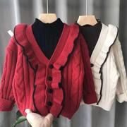 女童假两件毛衣秋冬季洋气，儿童红色针织衫线衣，套头保暖打底衫