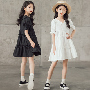 女童短袖连衣裙洋气夏装2023新韩版娃娃领中大童装蛋糕公主裙亲子