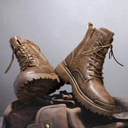秋季棕色马丁靴男款高帮复古英伦风增高厚底皮靴男士机车工装靴子