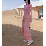 韩国设计师cherrykoko韩版修身显瘦t恤高腰，直筒休闲裤洋气女