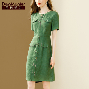 丹慕妮尔大牌高端轻奢绿色连衣裙女夏季气质收腰显瘦裙子