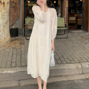 米白色连衣裙春季女2024法式温柔风宽松甜美刺绣中长款仙女裙