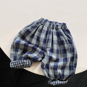 双层棉复古蓝色格子裤2024春秋，儿童韩版潮童装男女童宝宝个性裤子