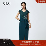 SUSSI/古色23夏商场同款绿色蕾丝拼醋酸袖刺绣连衣裙女