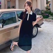 黑色美式v领短袖polo领针织连衣裙女韩版气质修身中长款裙子