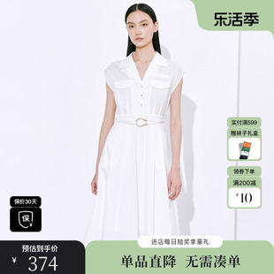 XG雪歌XI204044A451通勤白色无袖连衣裙2023夏季高腰衬衫裙女