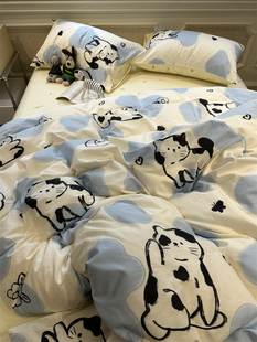 蓝色卡通可爱斑点，猫咪四件套全棉纯棉，1.5m1.8宿舍被套床单三件套