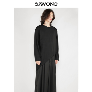 sawong夏季文艺气质不规则，个性不对称中长款休闲长袖t恤男女