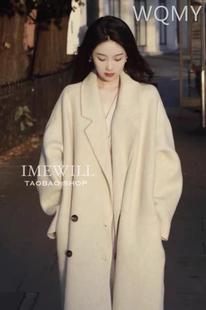 米白色2024秋冬韩版双面羊绒大衣西装领双排扣中长羊毛呢外套