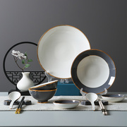 中式国潮骨瓷陶瓷碗碟，盘子筷子餐具灰色套装，文艺灰双人10头餐具