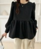 韩国跨境甜美时尚春秋圆领宽松显瘦后背系带泡泡长袖T恤上衣