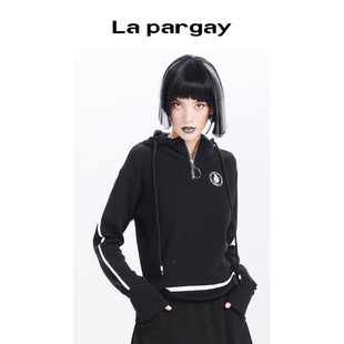 lapargay纳帕佳女装黑白色上衣，个性时尚长袖，连帽套头针织卫衣