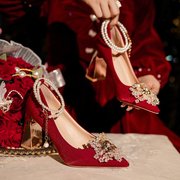 婚鞋女粗跟2023秋季新娘红色高跟鞋，不累脚婚纱秀禾服两穿鞋子