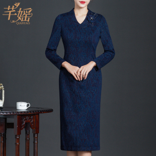 芊媱气质大码女装连衣裙，中长款复古中国风高贵优雅修身显瘦加厚裙