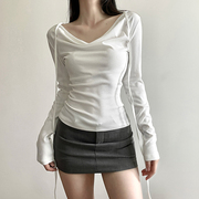 kliou设计感复古纯色荡领系带长袖，t恤女修身显瘦百搭打底衫上衣