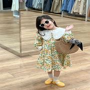 韩国童装女童2024春季双层大翻尖领橘色碎花长袖公主连衣裙