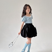 韩系童装夏季女童蓝色气质蝴蝶结T恤短袖上衣+黑色口袋花苞裤裙裤