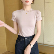 粉色莫代尔半高领短袖t恤女夏季冰丝薄款修身紧身半袖体恤打底衫