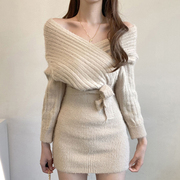 韩国chic优雅法式交叉V领系带收腰显身材小个子包臀毛衣连衣裙女