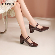 达芙妮法式玛丽珍鞋子女，2024春季小皮鞋红色，单鞋粗跟高跟鞋女