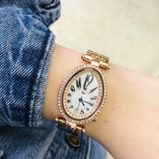 椭圆形手表女士镶钻玫瑰钢带，优雅复古奢华气质大数字品牌女士手表