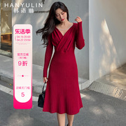 韩语琳秋冬收腰大红色交叉V领针织连衣裙女年会显身材