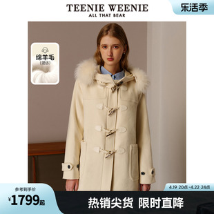 teenieweenie小熊冬季带毛领牛角扣毛呢大衣，呢子外套中长款小个子