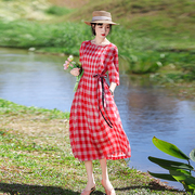 红色系原创天丝，亚麻女装格子设计感连衣裙，2024女中长款裙子