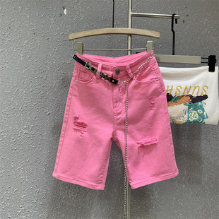 粉色水洗五分牛仔短裤女欧货，2024夏季款，高腰弹力修身显瘦直筒热裤