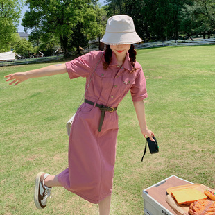高腰玫粉色工装连衣裙女夏季2023韩版显瘦设计感中长款衬衫裙