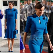高级定制西班牙王妃同款蓝色立领褶皱连衣裙女鱼尾裙过膝优雅时尚