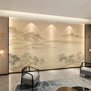 现代中式意境淡雅水墨湖山春暖，沙发背景墙纸壁布，书房卧室定制壁画