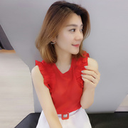 S小姐欧洲站秋装女2020欧货潮 韩版红色无袖圆领套头时尚T恤