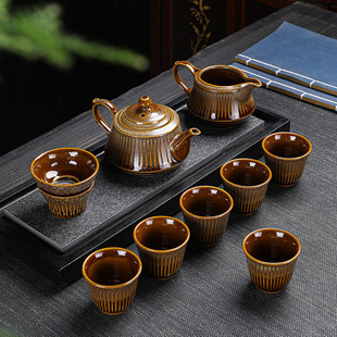 包装功夫泡茶钧瓷礼盒陶瓷人，10件整套茶具，65窑变线条套装6