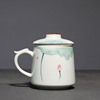 中国风水杯手绘陶瓷马克杯，三件套荷花图案，带过滤饮泡茶杯大容量
