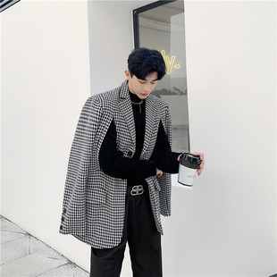 春秋季千鸟格小西装外套，男个性双开侧缝设计款韩版chic西服发型师