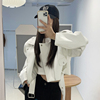 韩国chic早秋港风复古西装领大口袋系带收腰短款机车PU皮衣外套女