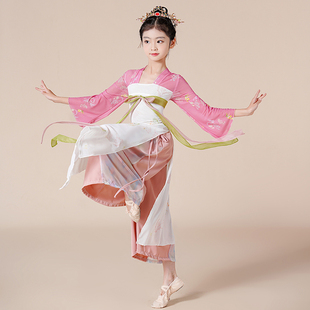 儿童古典舞蹈服中国舞，齐胸汉服飘逸纱衣身韵长款扇子舞女童演出服
