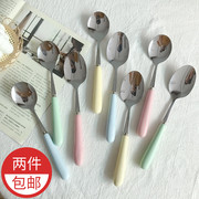 日韩糖果色陶瓷不锈钢，勺子创意简约不锈钢汤匙，纯色家用陶瓷汤勺