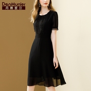 丹慕妮尔法式黑色雪纺连衣裙，女夏季钉珠收腰气质中长裙子