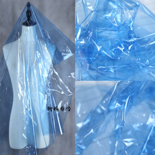 天蓝色透明镜面反光pvc面料风雨衣，优tpu高光薄膜塑料皮衣防水布料