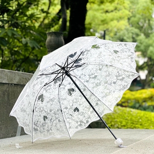 qiutong玫瑰爱心透明雨伞仿蕾丝，花边淑女伞，透明长柄伞创意透明伞