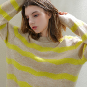 秋季高端条纹羊毛马海毛针织衫，女复古浪漫时髦温暖上衣2230