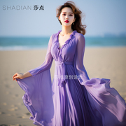 紫色雪纺长裙v领收腰显瘦连衣裙春夏，过膝大摆裙海边沙滩长裙