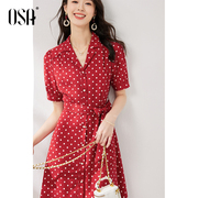 OSA欧莎复古红色波点衬衫式连衣裙女2024年夏装优雅显瘦裙子