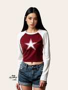 ChicJelly美式星星撞色拼接插肩长袖H型运动短T恤