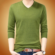 高端男装秋装长袖t恤纯色v领青年男士打底衫薄款休闲羊毛针织线衫