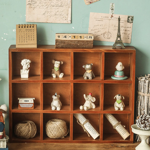 zakka做旧木质桌面收纳柜创意，阶梯12格展示柜家居，首饰杂物储物盒